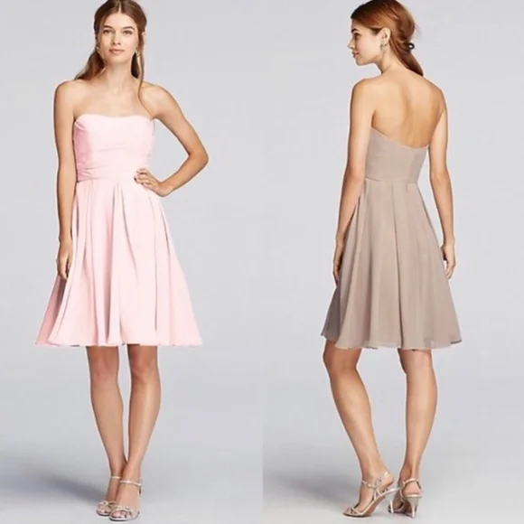 david's bridal short crinkle chiffon dress Davids Bridal F14847 Short Crinkle Chiffon Dress with Front Cascade  Strapless 2
